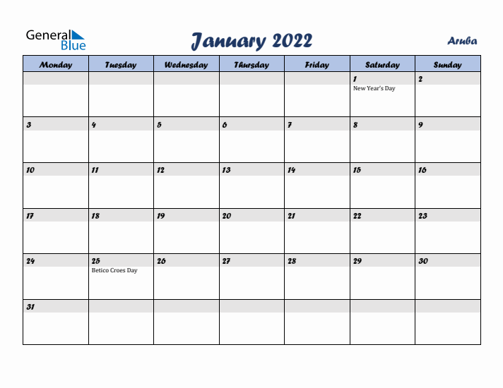 January 2022 Calendar with Holidays in Aruba