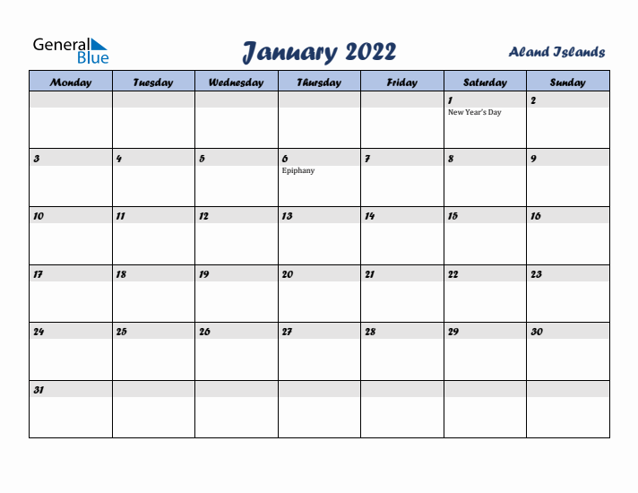 January 2022 Calendar with Holidays in Aland Islands