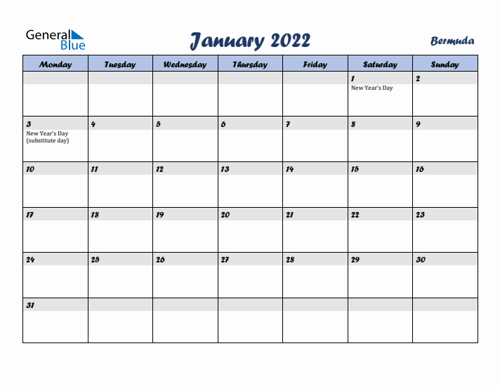 January 2022 Calendar with Holidays in Bermuda