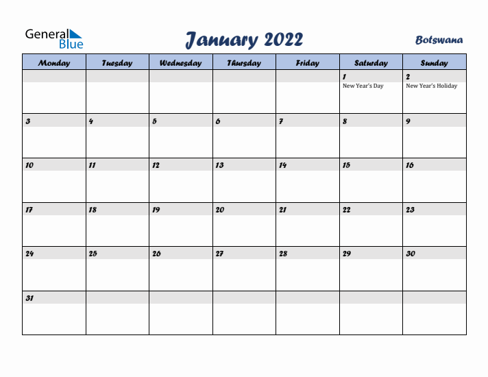 January 2022 Calendar with Holidays in Botswana