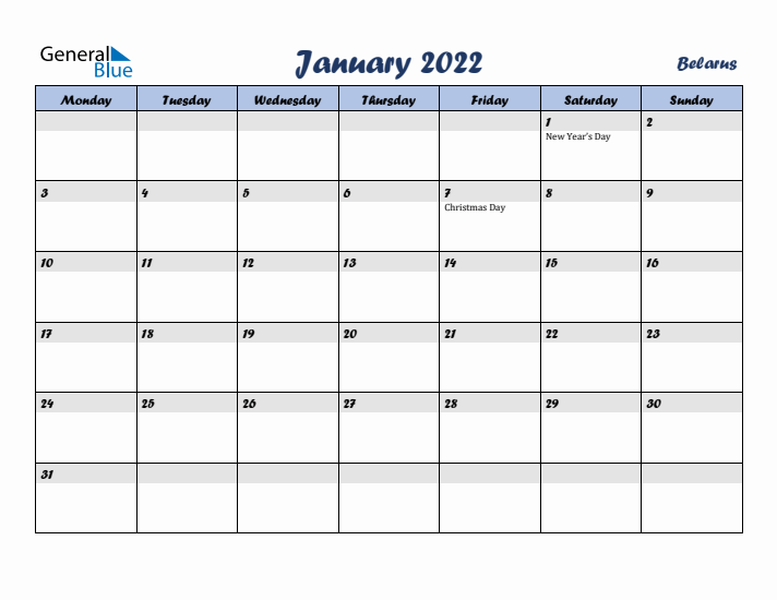 January 2022 Calendar with Holidays in Belarus