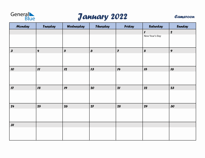 January 2022 Calendar with Holidays in Cameroon