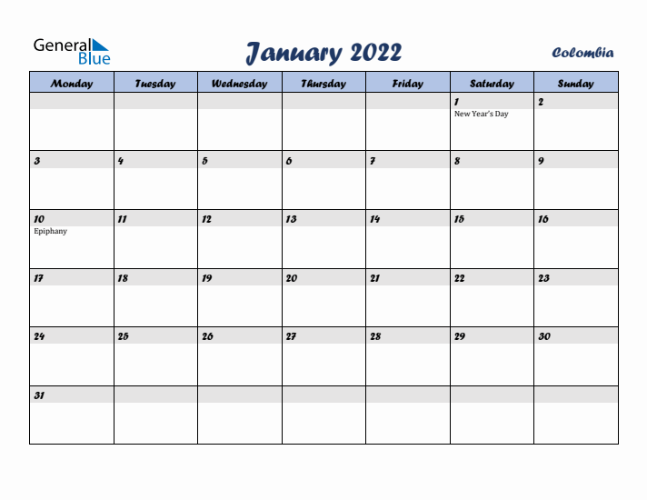 January 2022 Calendar with Holidays in Colombia