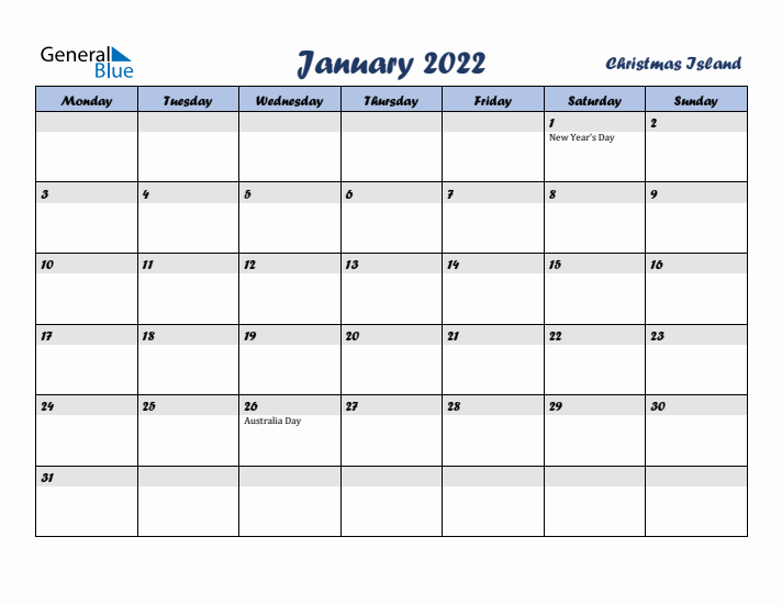 January 2022 Calendar with Holidays in Christmas Island