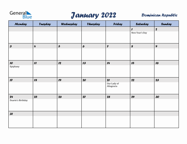 January 2022 Calendar with Holidays in Dominican Republic