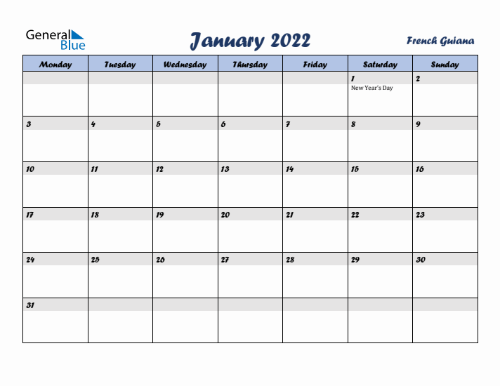 January 2022 Calendar with Holidays in French Guiana