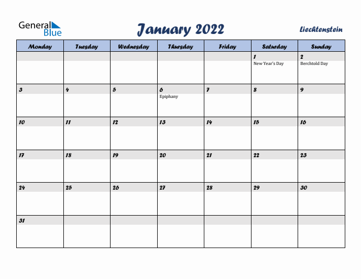 January 2022 Calendar with Holidays in Liechtenstein