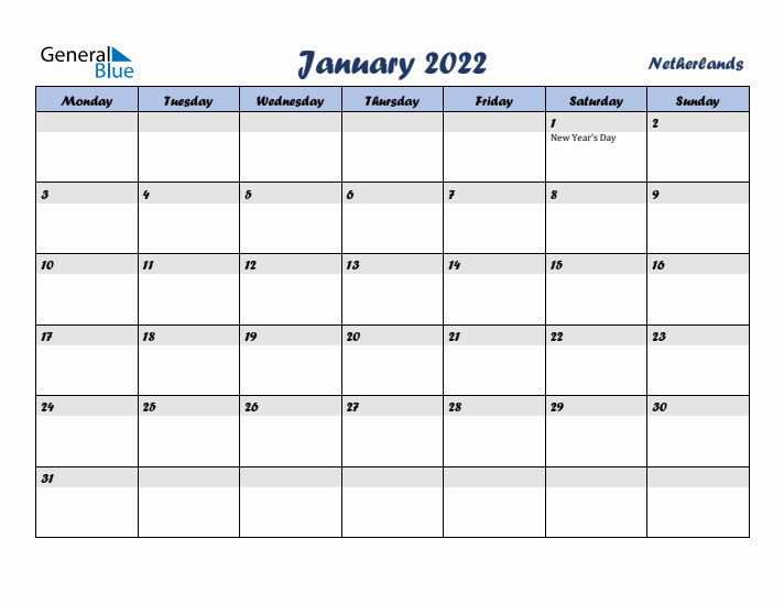 January 2022 Calendar with Holidays in The Netherlands