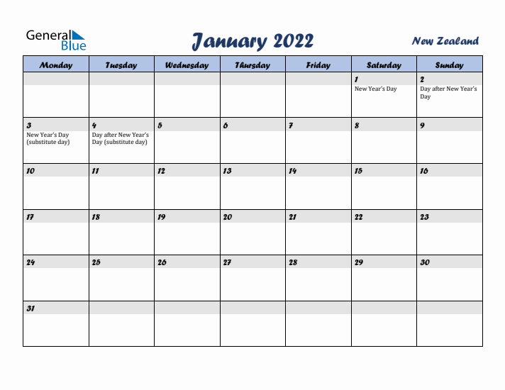 January 2022 Calendar with Holidays in New Zealand