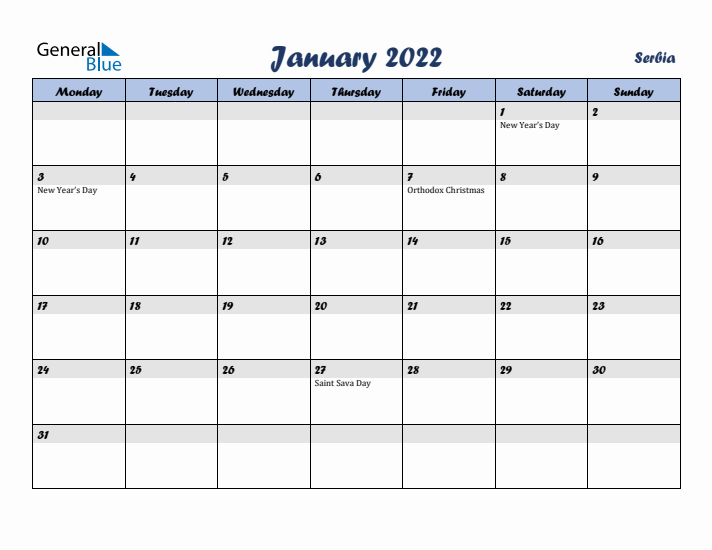 January 2022 Calendar with Holidays in Serbia