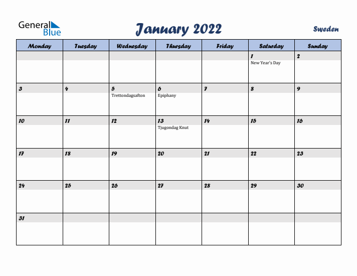 January 2022 Calendar with Holidays in Sweden