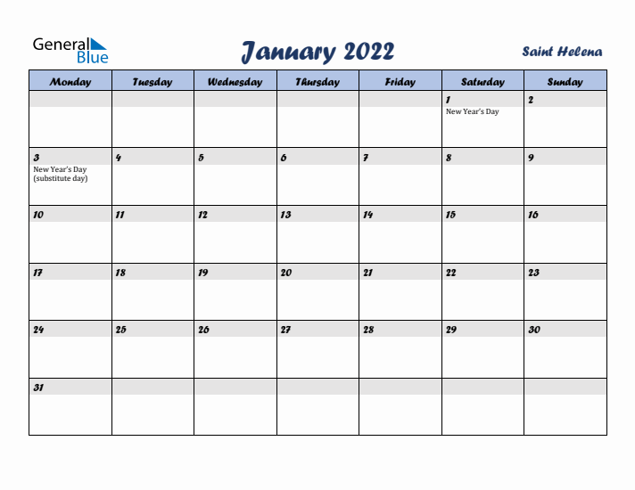 January 2022 Calendar with Holidays in Saint Helena