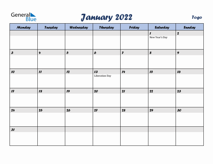 January 2022 Calendar with Holidays in Togo