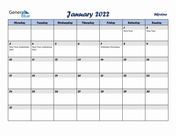 January 2022 Calendar with Holidays in Ukraine