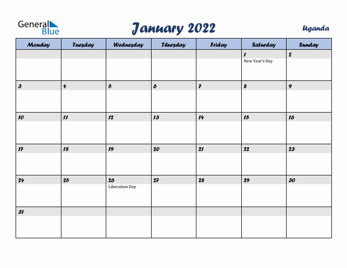 January 2022 Calendar with Holidays in Uganda