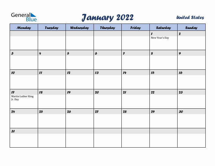 January 2022 Calendar with Holidays in United States