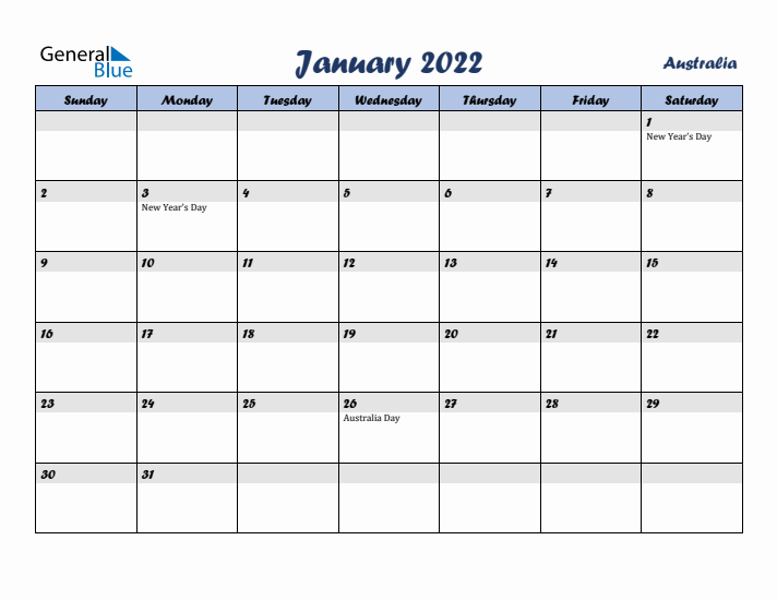 January 2022 Calendar with Holidays in Australia