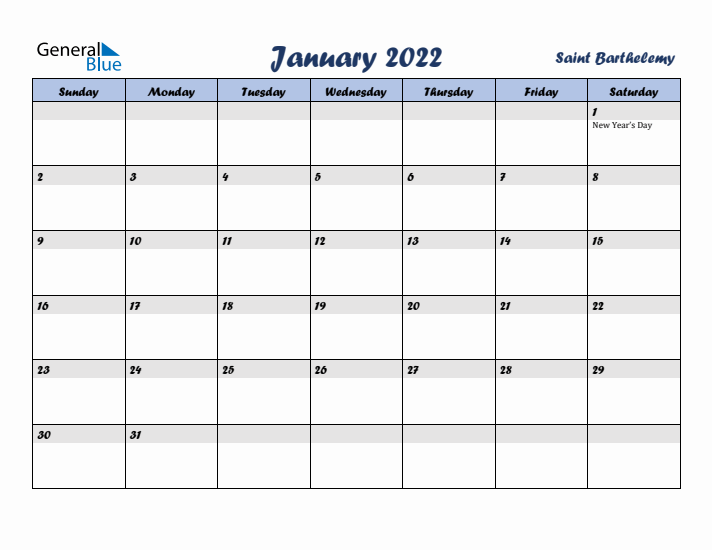 January 2022 Calendar with Holidays in Saint Barthelemy