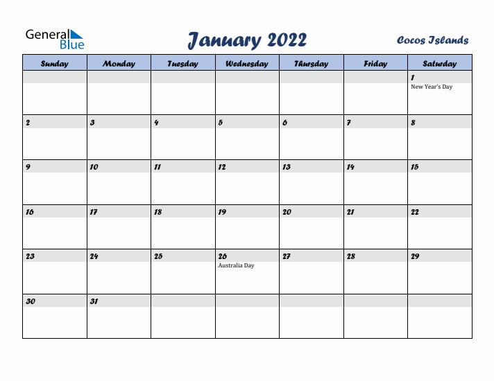 January 2022 Calendar with Holidays in Cocos Islands