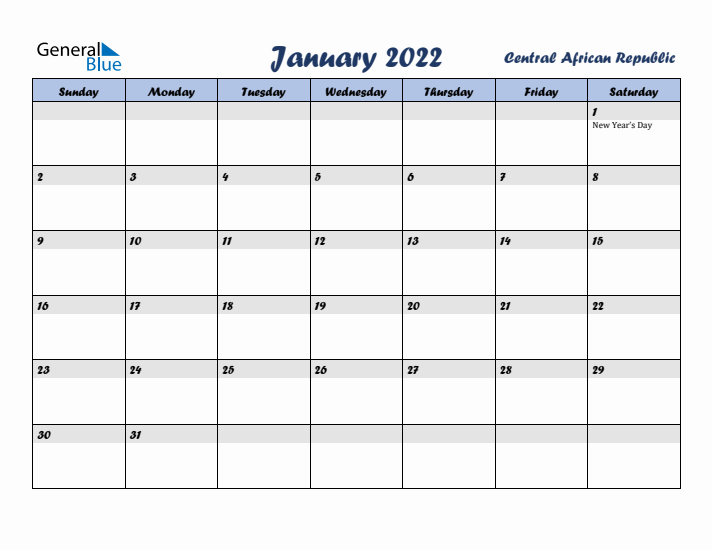 January 2022 Calendar with Holidays in Central African Republic