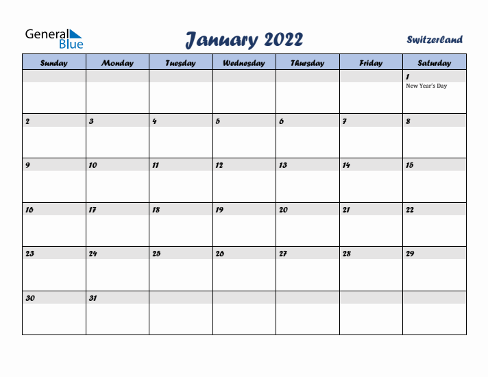 January 2022 Calendar with Holidays in Switzerland