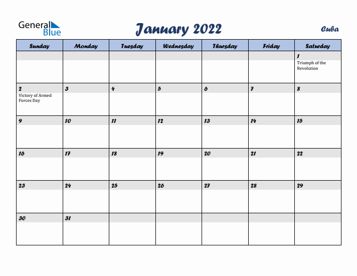 January 2022 Calendar with Holidays in Cuba