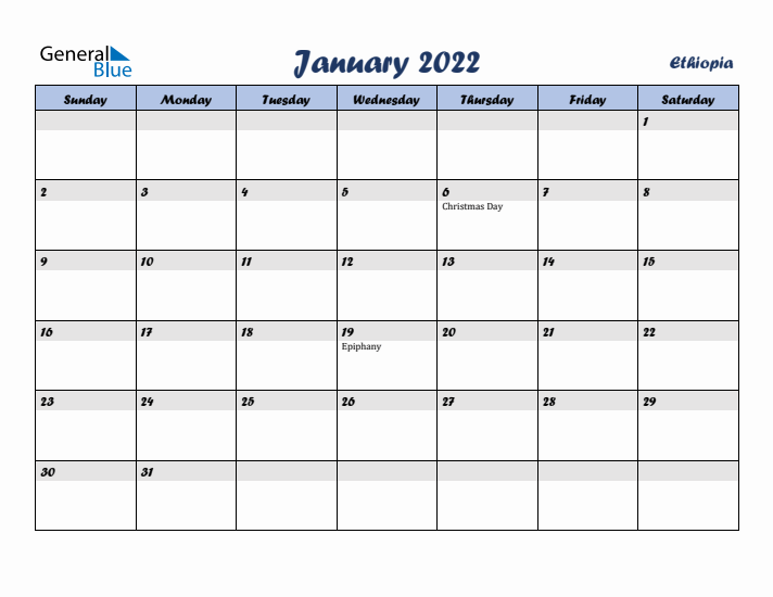 January 2022 Calendar with Holidays in Ethiopia