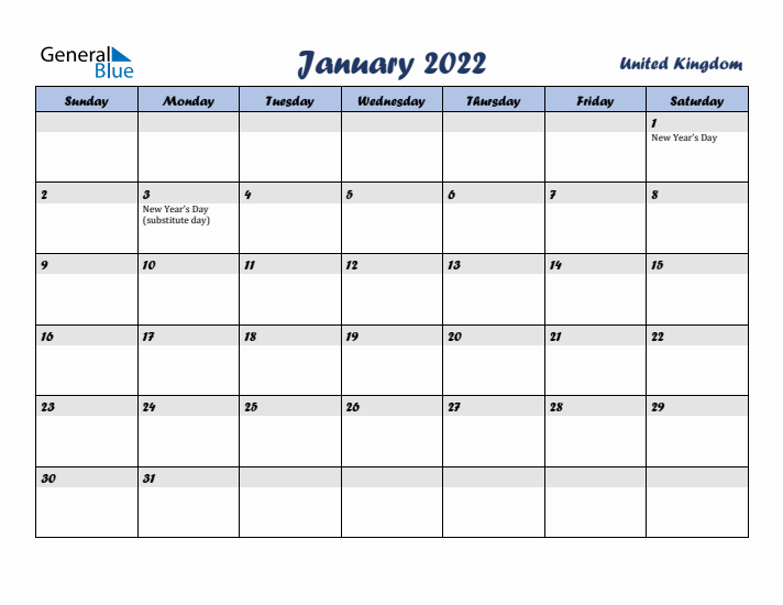 January 2022 Calendar with Holidays in United Kingdom