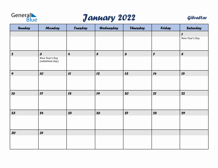 January 2022 Calendar with Holidays in Gibraltar