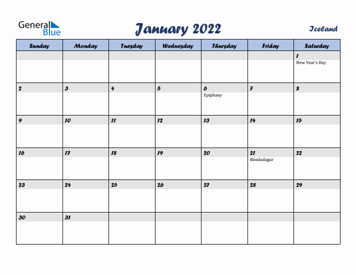 January 2022 Calendar with Holidays in Iceland