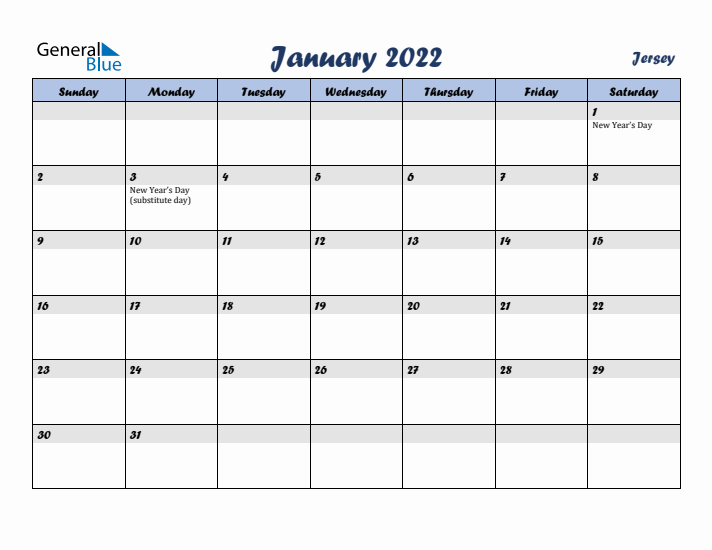 January 2022 Calendar with Holidays in Jersey