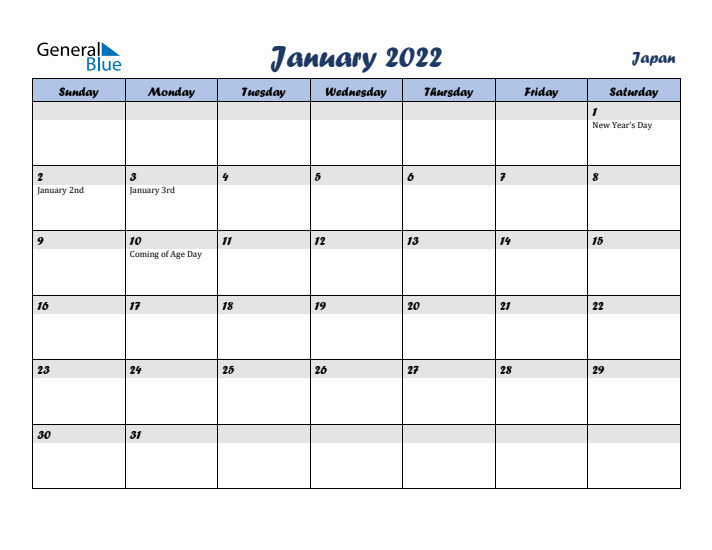 January 2022 Calendar with Holidays in Japan