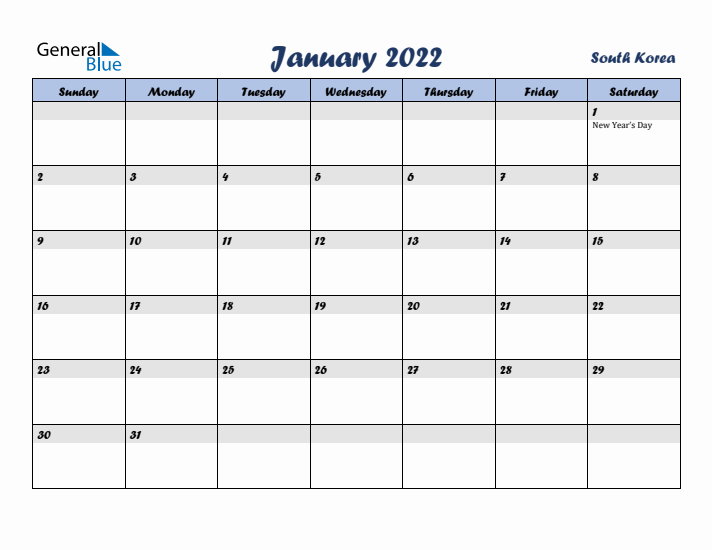 January 2022 Calendar with Holidays in South Korea