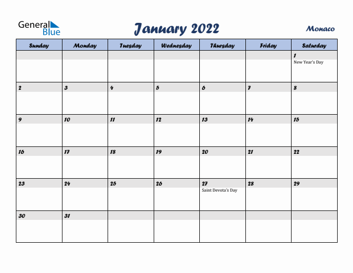 January 2022 Calendar with Holidays in Monaco