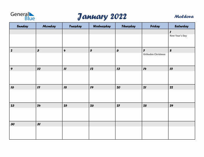 January 2022 Calendar with Holidays in Moldova