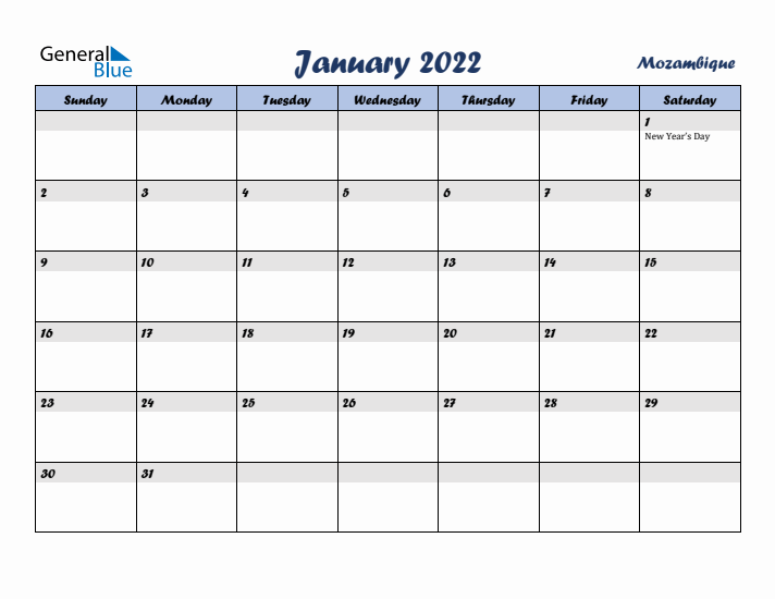 January 2022 Calendar with Holidays in Mozambique