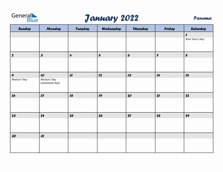 January 2022 Calendar with Holidays in Panama