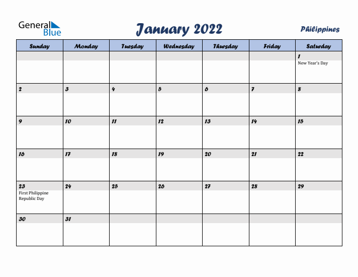 January 2022 Calendar with Holidays in Philippines