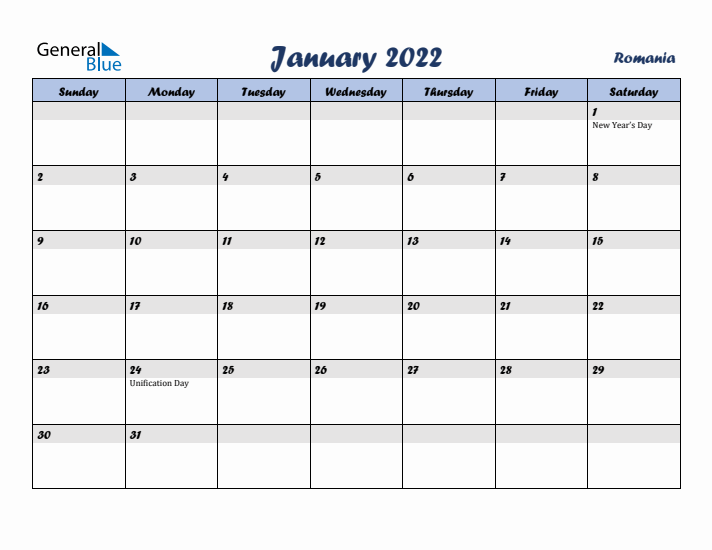 January 2022 Calendar with Holidays in Romania