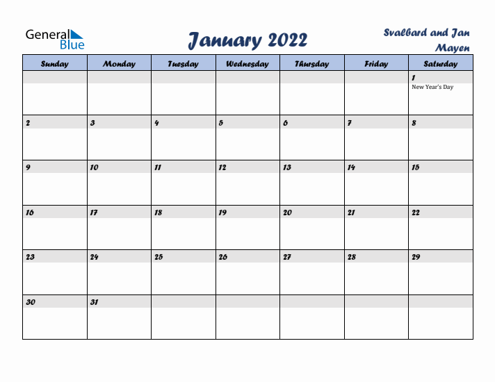 January 2022 Calendar with Holidays in Svalbard and Jan Mayen