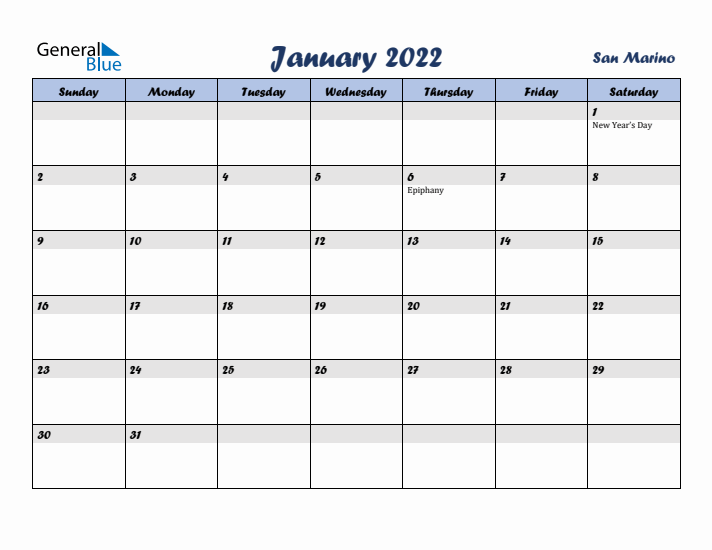 January 2022 Calendar with Holidays in San Marino