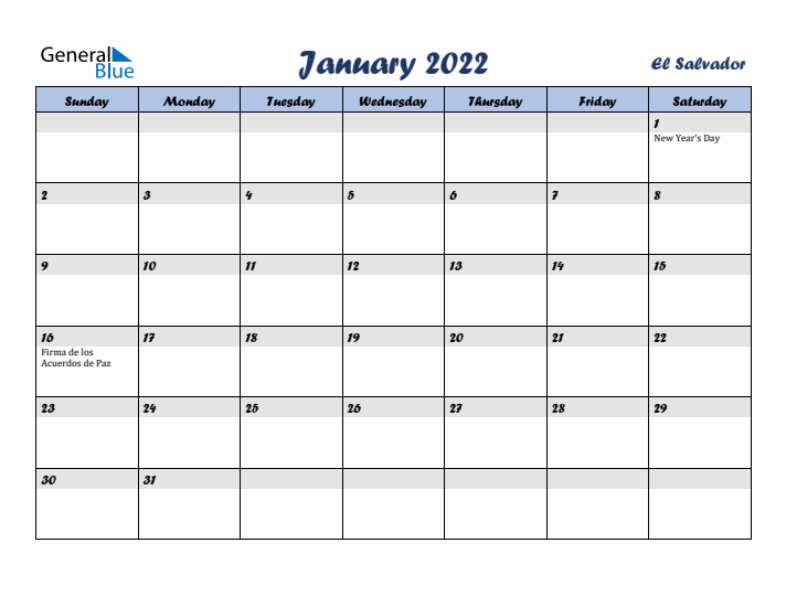 January 2022 Calendar with Holidays in El Salvador