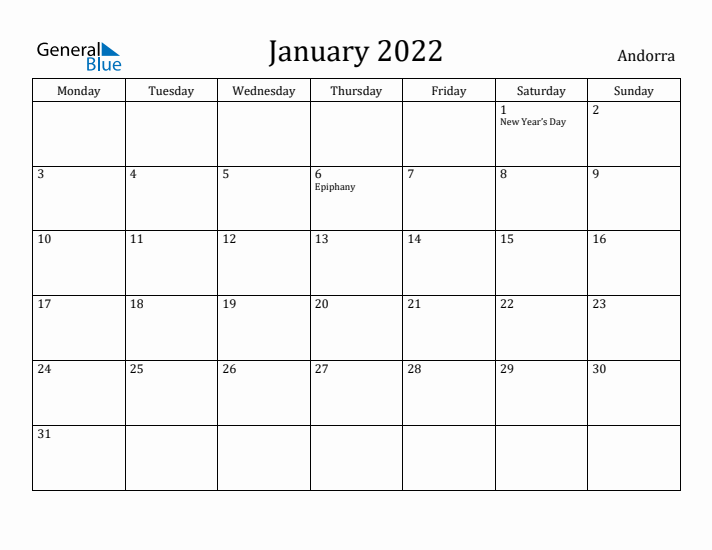 January 2022 Calendar Andorra