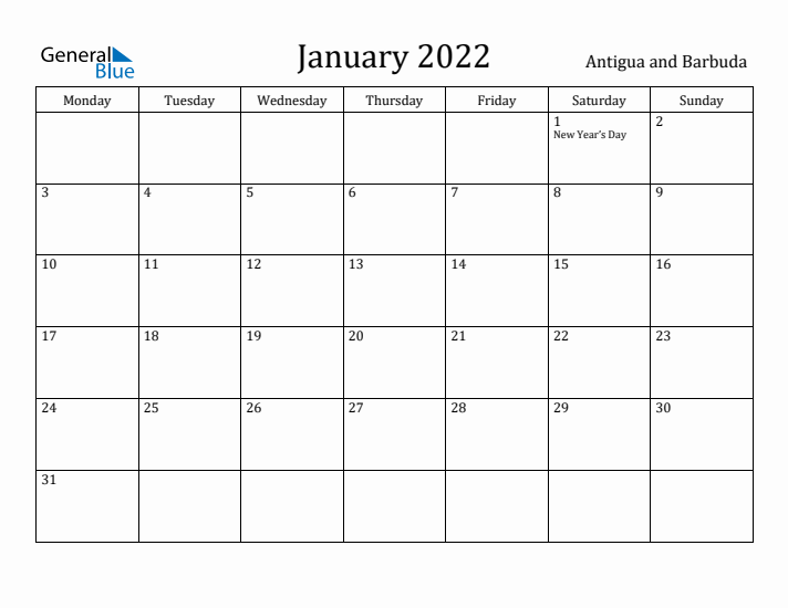 January 2022 Calendar Antigua and Barbuda