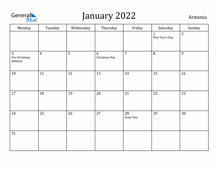 January 2022 Calendar Armenia