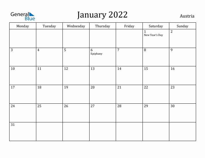 January 2022 Calendar Austria