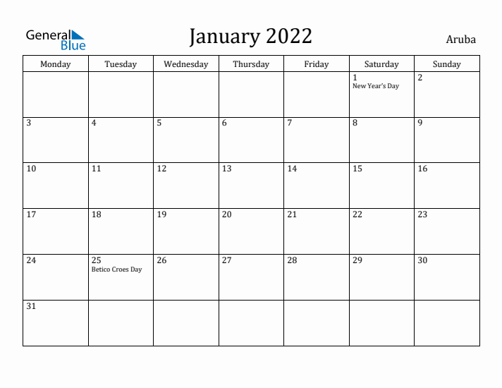 January 2022 Calendar Aruba