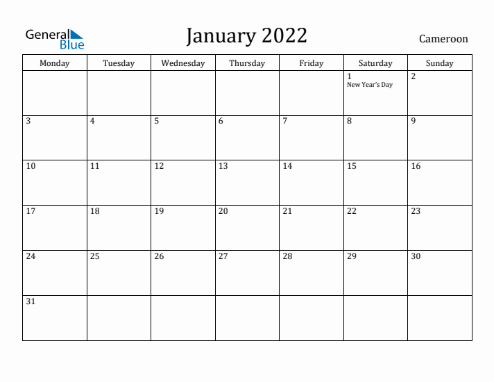 January 2022 Calendar Cameroon