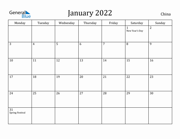 January 2022 Calendar China