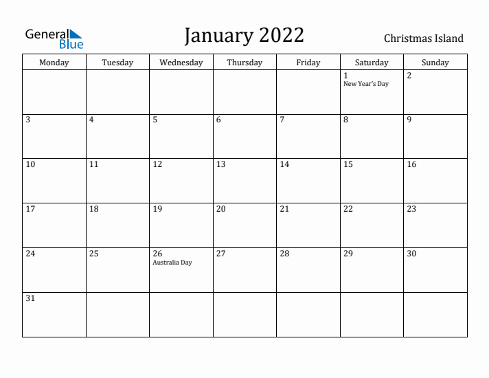 January 2022 Calendar Christmas Island